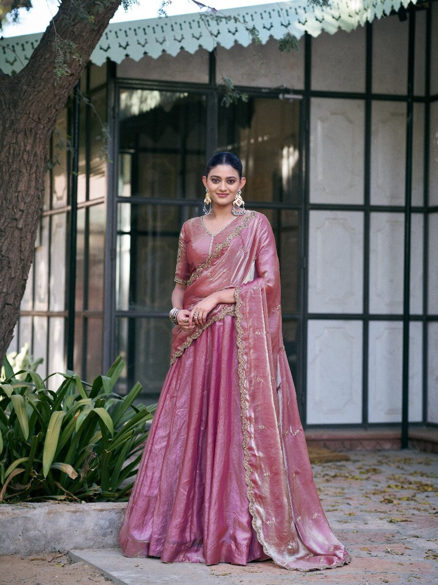Light Pink Fendi Silk Thread Embroidery Sequins Wedding Reception Party Festival Circular Lehenga Choli