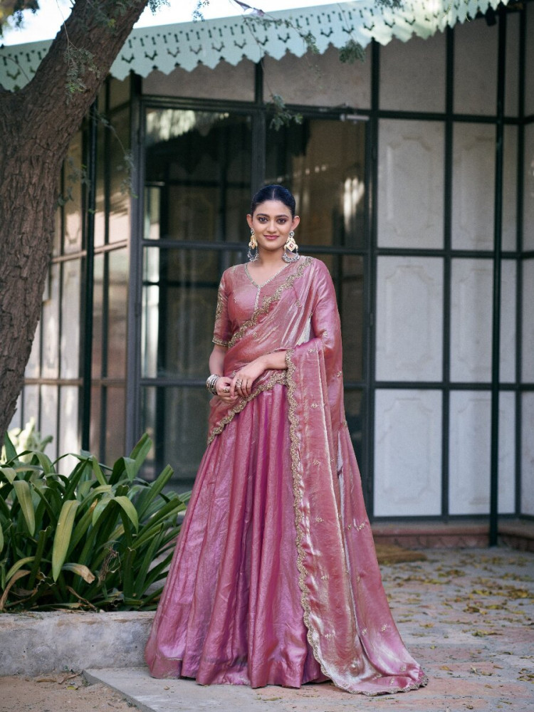 Image of Light Pink Fendi Silk Thread Embroidery Sequins Wedding Reception Party Festival Circular Lehenga Choli