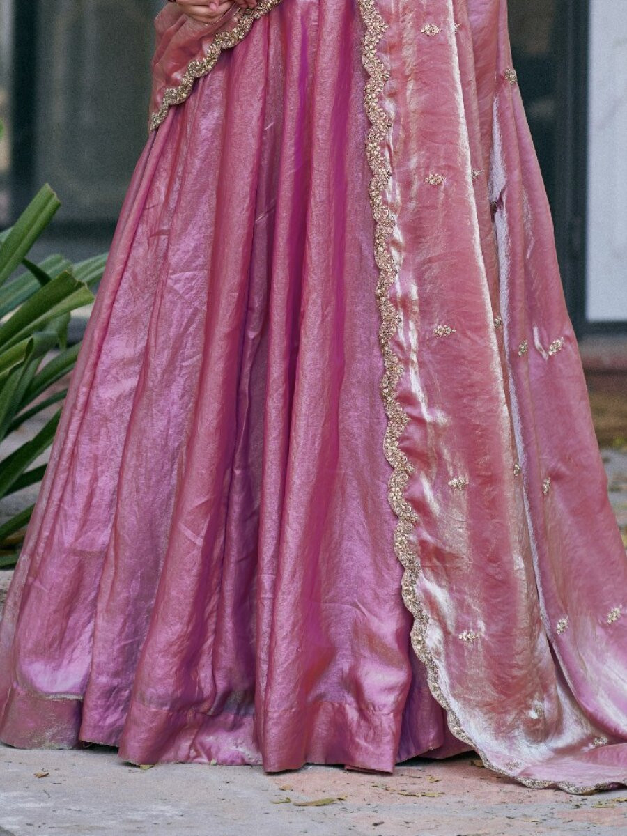 Light Pink Fendi Silk Thread Embroidery Sequins Wedding Reception Party Festival Circular Lehenga Choli
