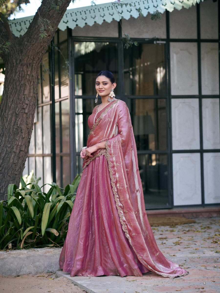 Light Pink Fendi Silk Thread Embroidery Sequins Wedding Reception Party Festival Circular Lehenga Choli