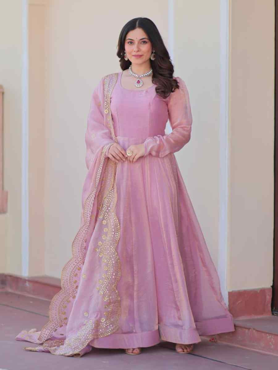 Light Pink Fendy Chiffon Embroidered Festival Party Gown