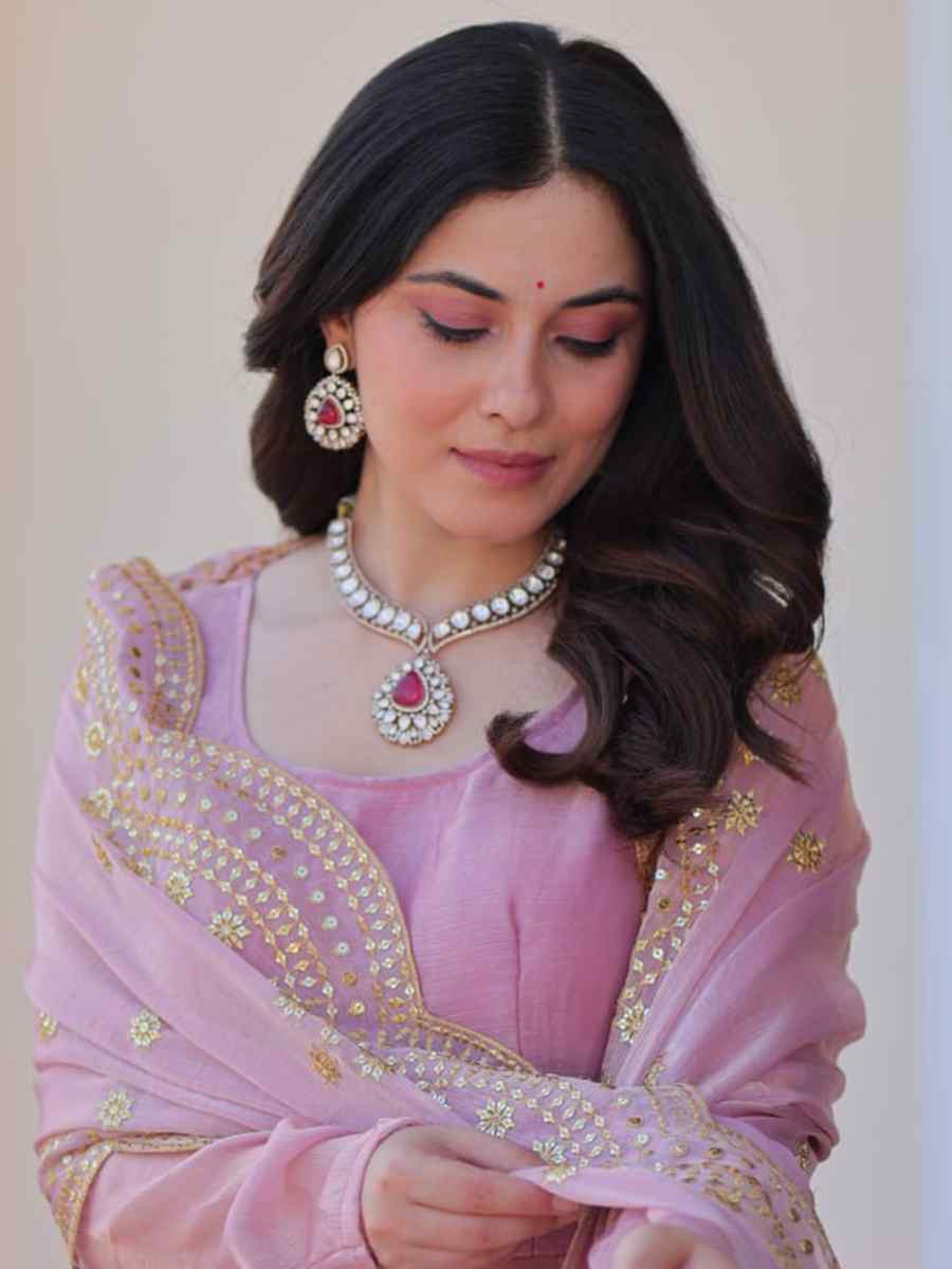 Light Pink Fendy Chiffon Embroidered Festival Party Gown