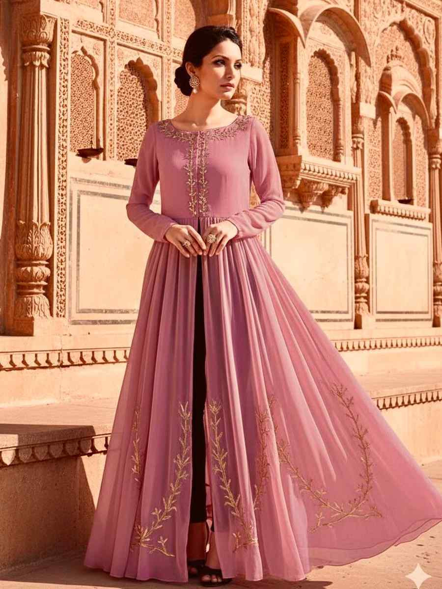 Light Pink Georgette Embroidered Festival Casual Kurti with Bottom