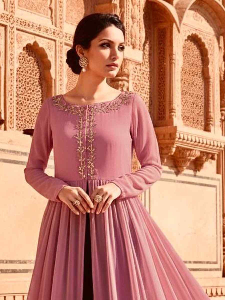 Light Pink Georgette Embroidered Festival Casual Kurti with Bottom