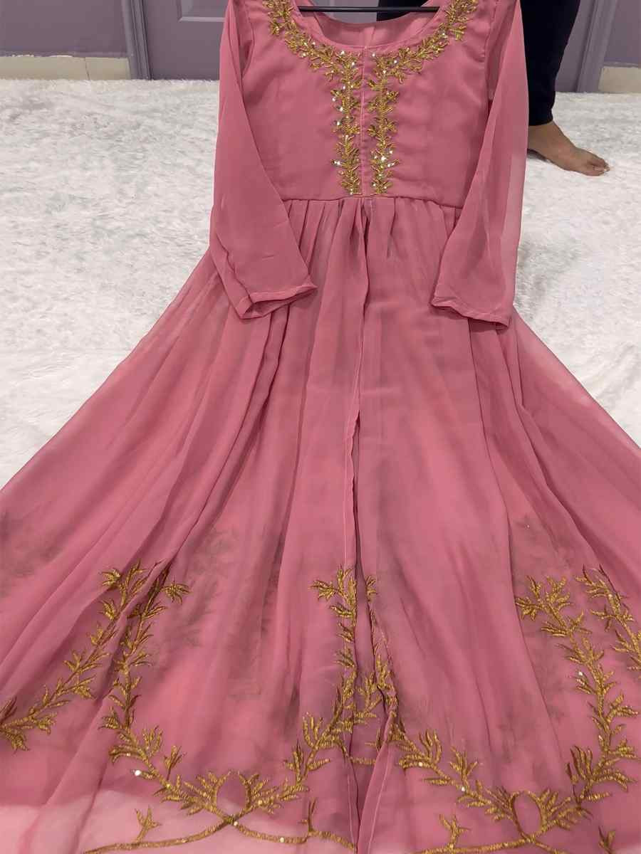 Light Pink Georgette Embroidered Festival Casual Kurti with Bottom