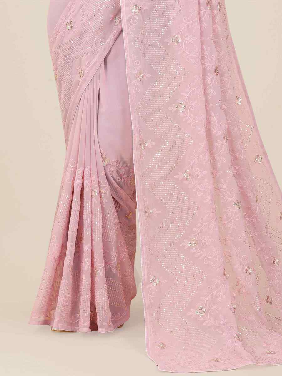 Light Pink Georgette Embroidered Party Festival Heavy Border Saree