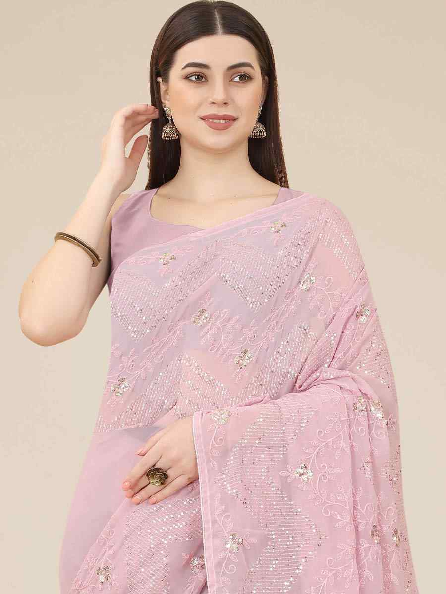 Light Pink Georgette Embroidered Party Festival Heavy Border Saree