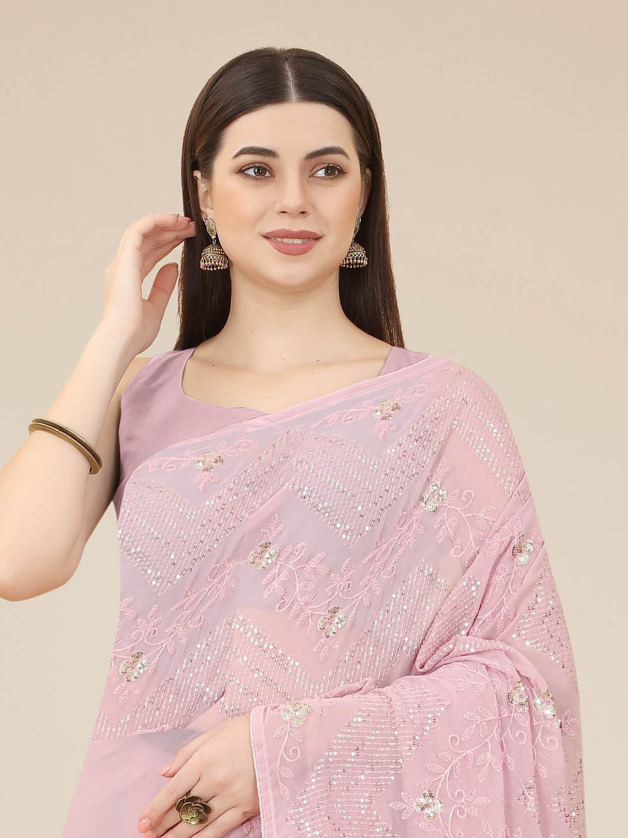 Light Pink Georgette Embroidered Wedding Festival Classic Style Saree