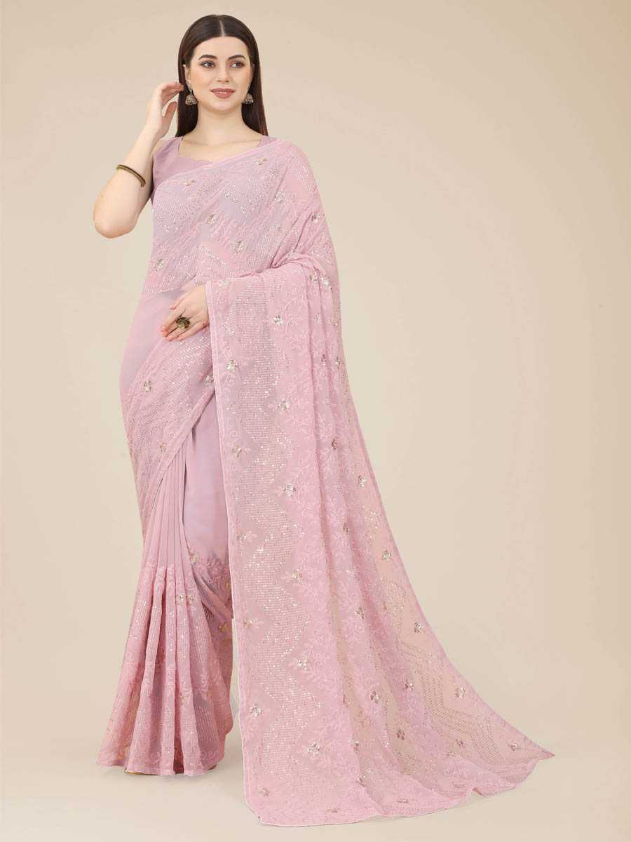 Light Pink Georgette Embroidered Wedding Festival Classic Style Saree
