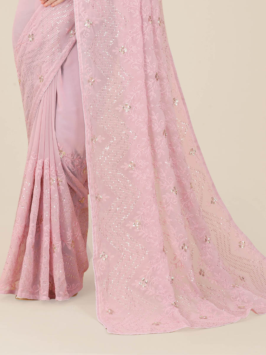 Light Pink Georgette Embroidered Wedding Festival Classic Style Saree