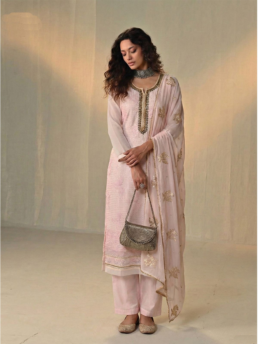 Light Pink Georgette Embroidery Sequins Wedding Party Festival Ready Pant Salwar Kameez