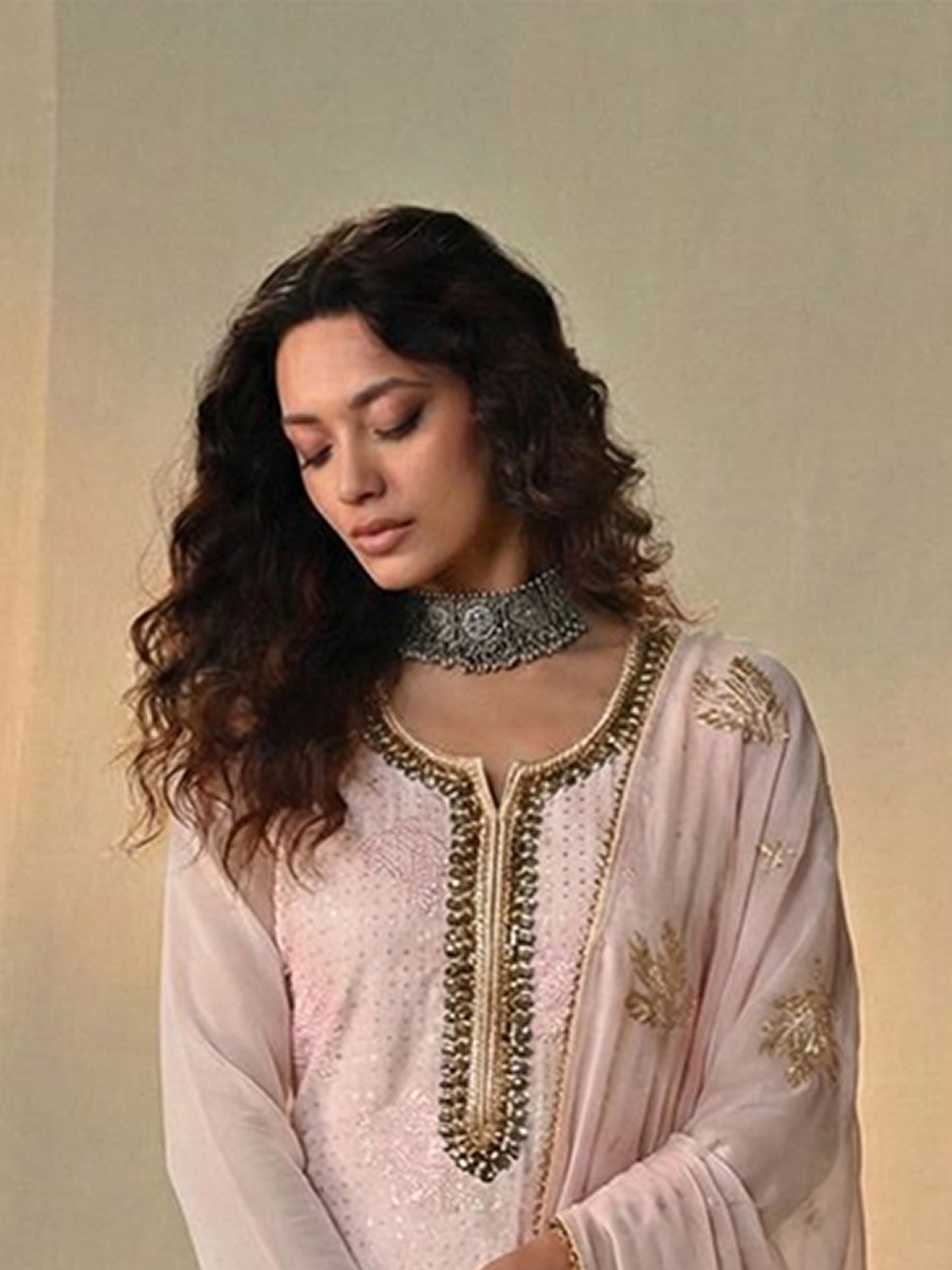 Light Pink Georgette Embroidery Sequins Wedding Party Festival Ready Pant Salwar Kameez