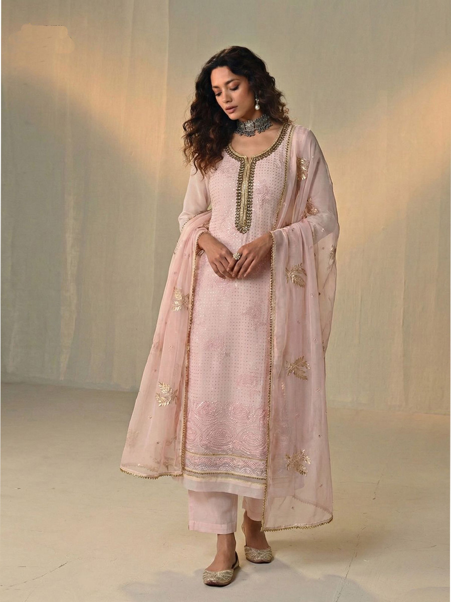 Light Pink Georgette Embroidery Sequins Wedding Party Festival Ready Pant Salwar Kameez