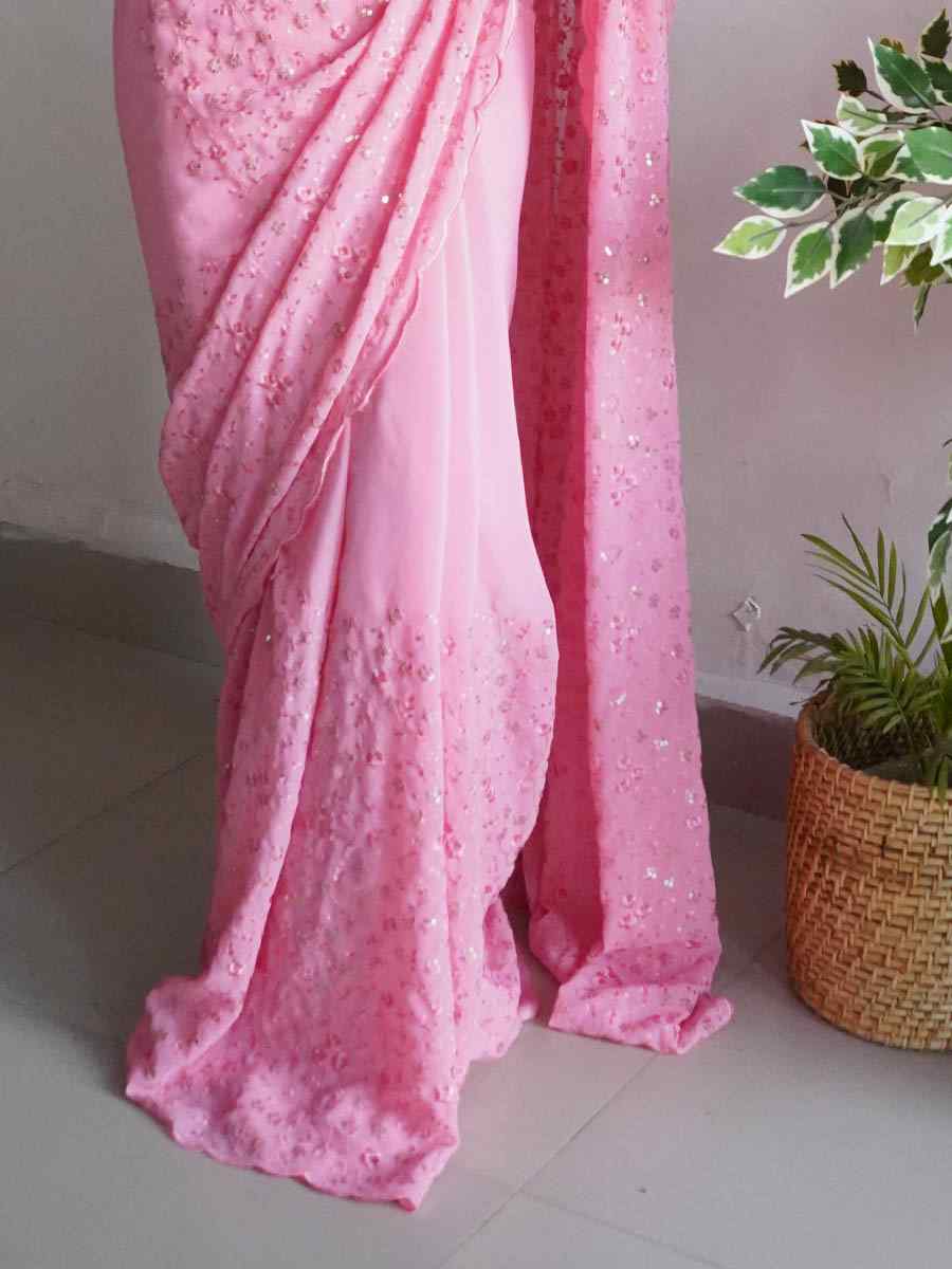 Light Pink Georgette Sequins Festival Party Classic Style Saree