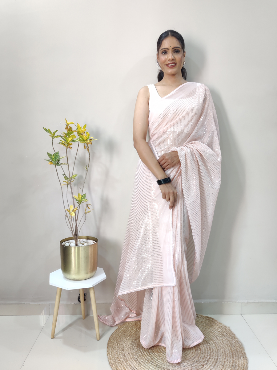 Light Pink Georgette Sequins Party Festival Classic Style Saree