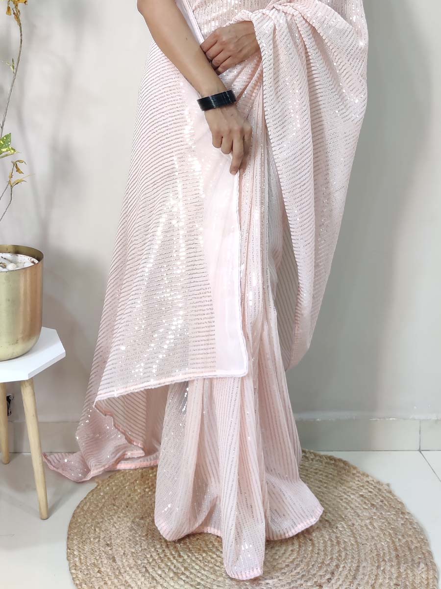 Light Pink Georgette Sequins Party Festival Classic Style Saree