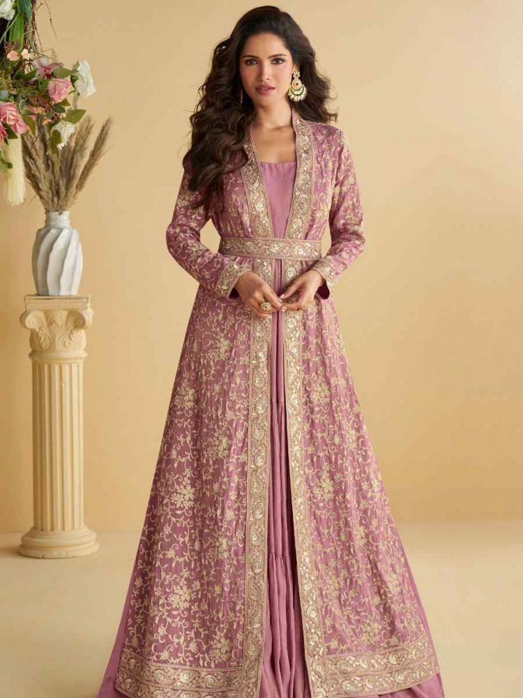 Image of Light Pink Heavy Chinon Embroidered Festival Casual Gown Women Wear