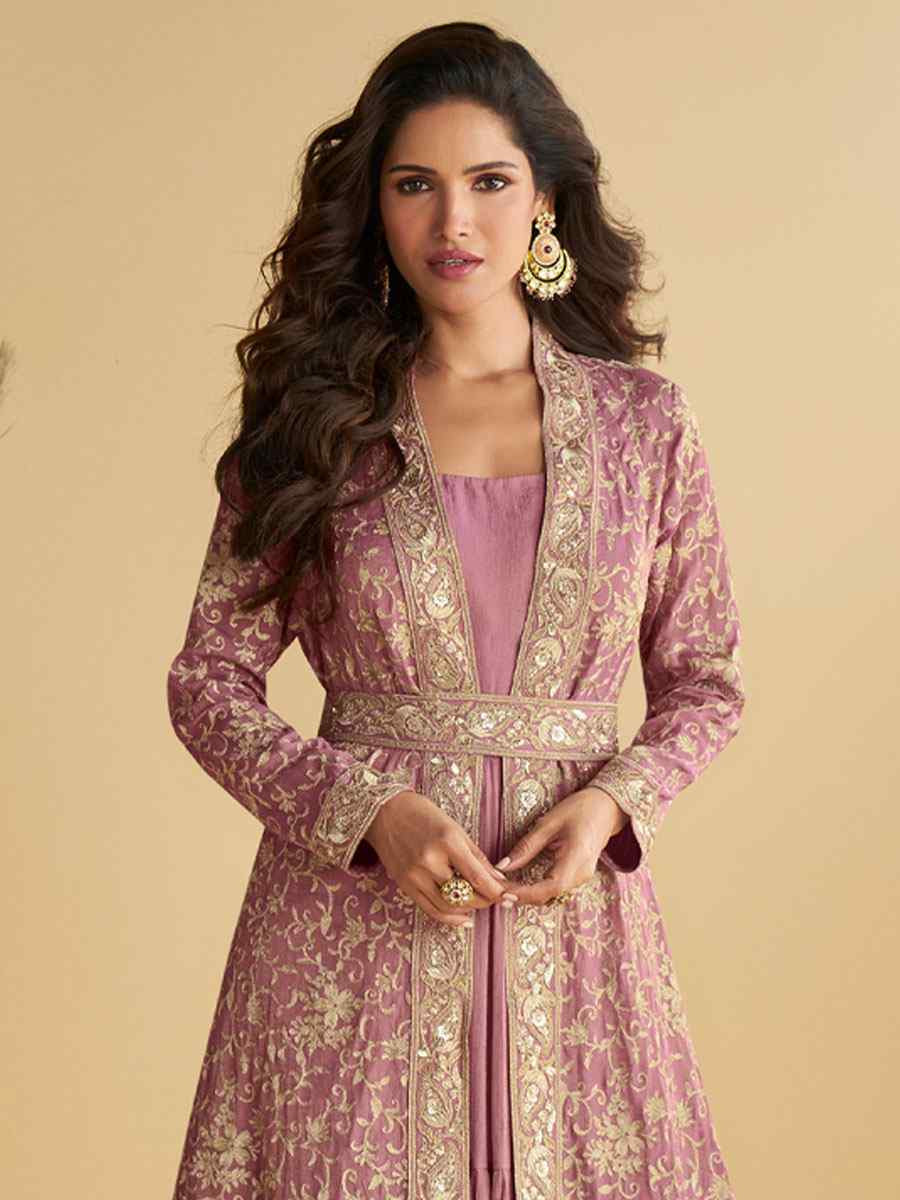 Light Pink Heavy Chinon Embroidered Festival Casual Gown Women Wear