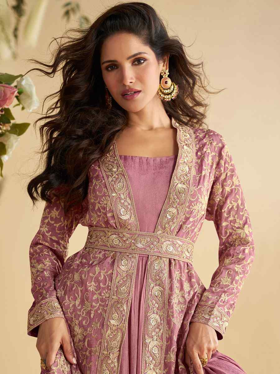 Light Pink Heavy Chinon Embroidered Festival Casual Gown Women Wear