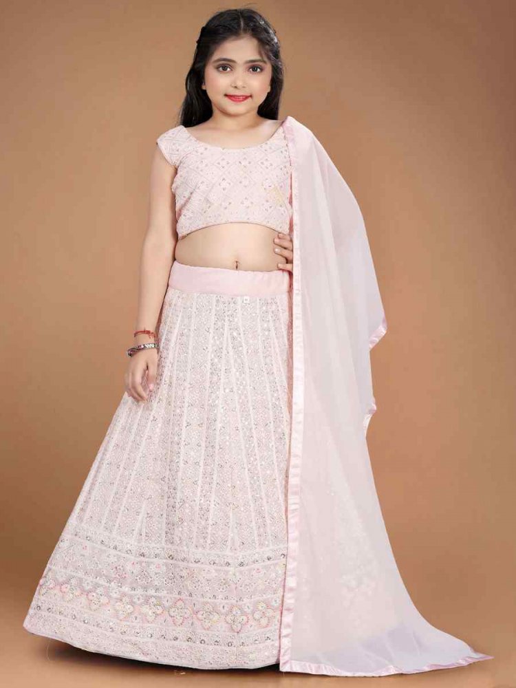 Light Pink Heavy Faux Georgette Embroidered Wedding Festival Lehengas Girls Wear