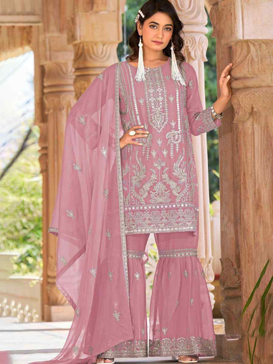 Light Pink Heavy Nylon Organza Embroidered Festival Wedding Sharara Pant Salwar Kameez