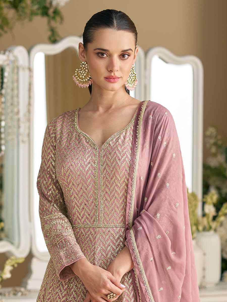 Light Pink Heavy Real Georgette Embroidered Festival Casual Wedding Gown