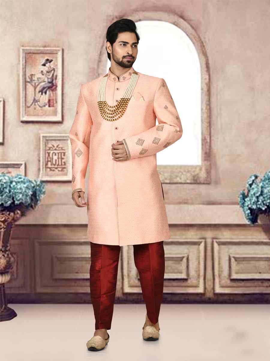 Light Pink Jacquard Embroidered Groom Wedding Sherwani