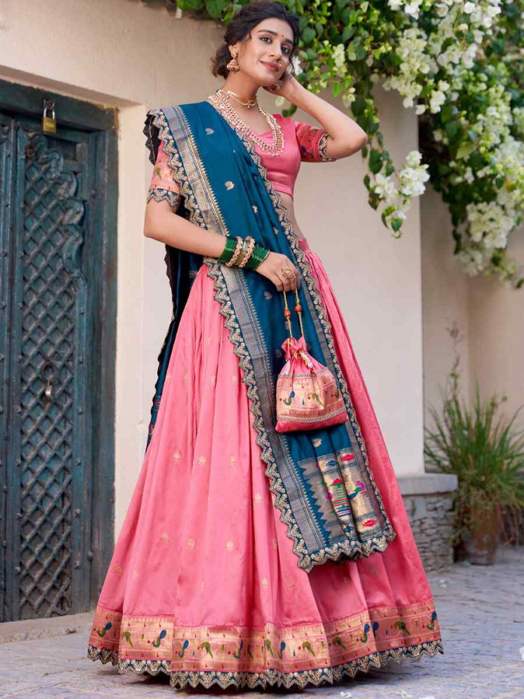 Light Pink Jacquard Silk Printed And Handwoven Party Reception Wedding Lehenga Choli
