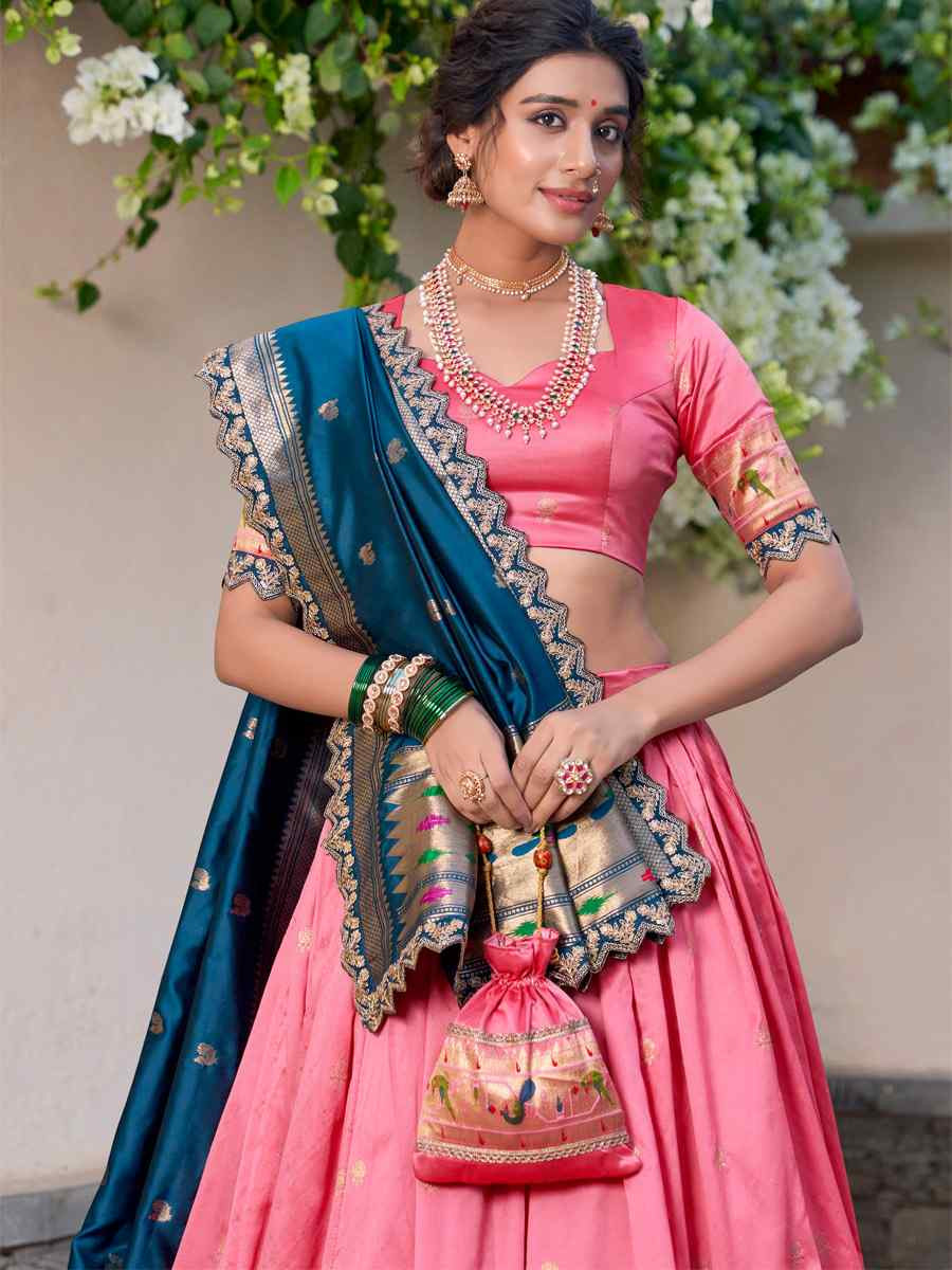 Light Pink Jacquard Silk Printed And Handwoven Party Reception Wedding Lehenga Choli