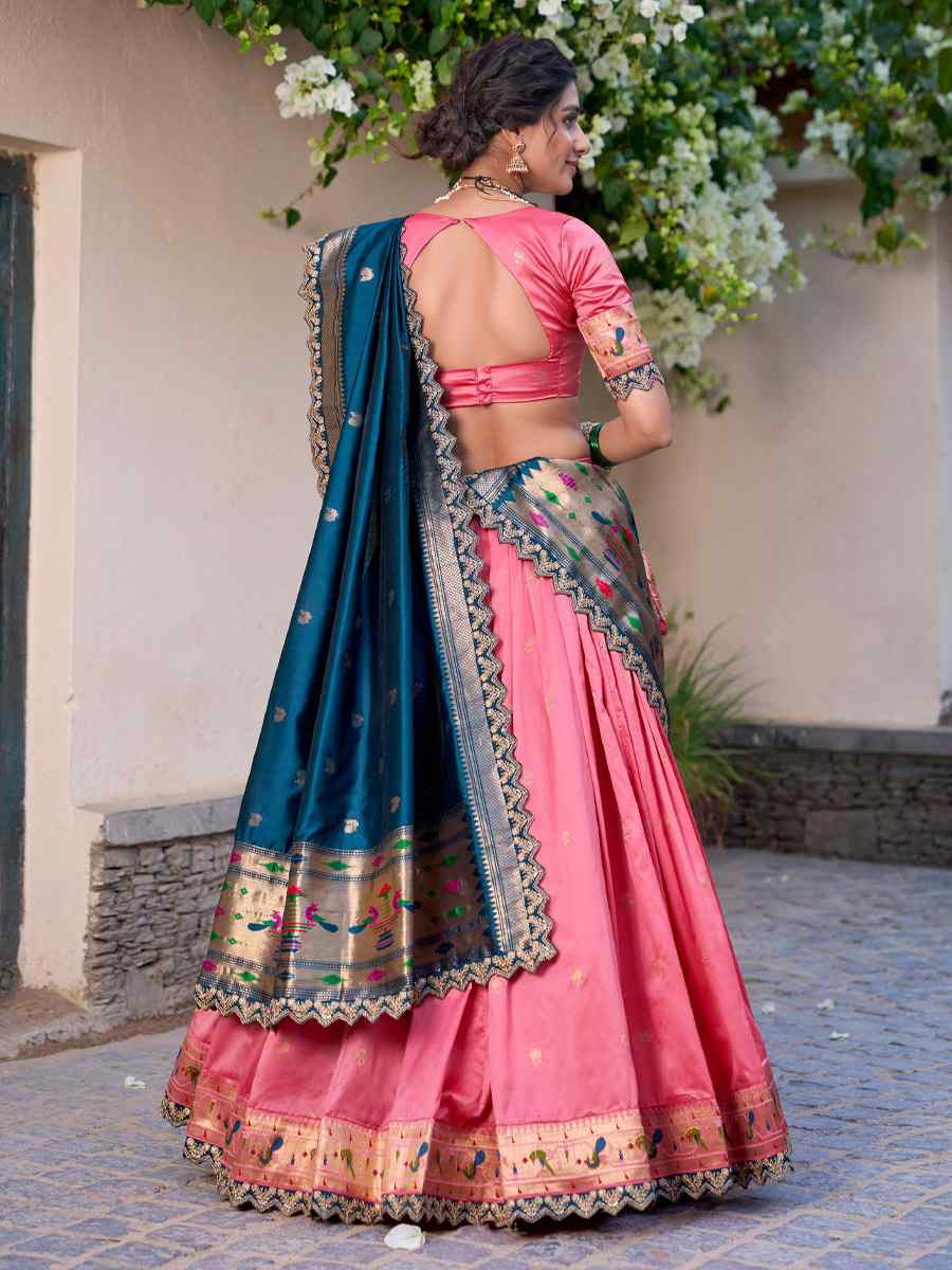 Light Pink Jacquard Silk Printed And Handwoven Party Reception Wedding Lehenga Choli