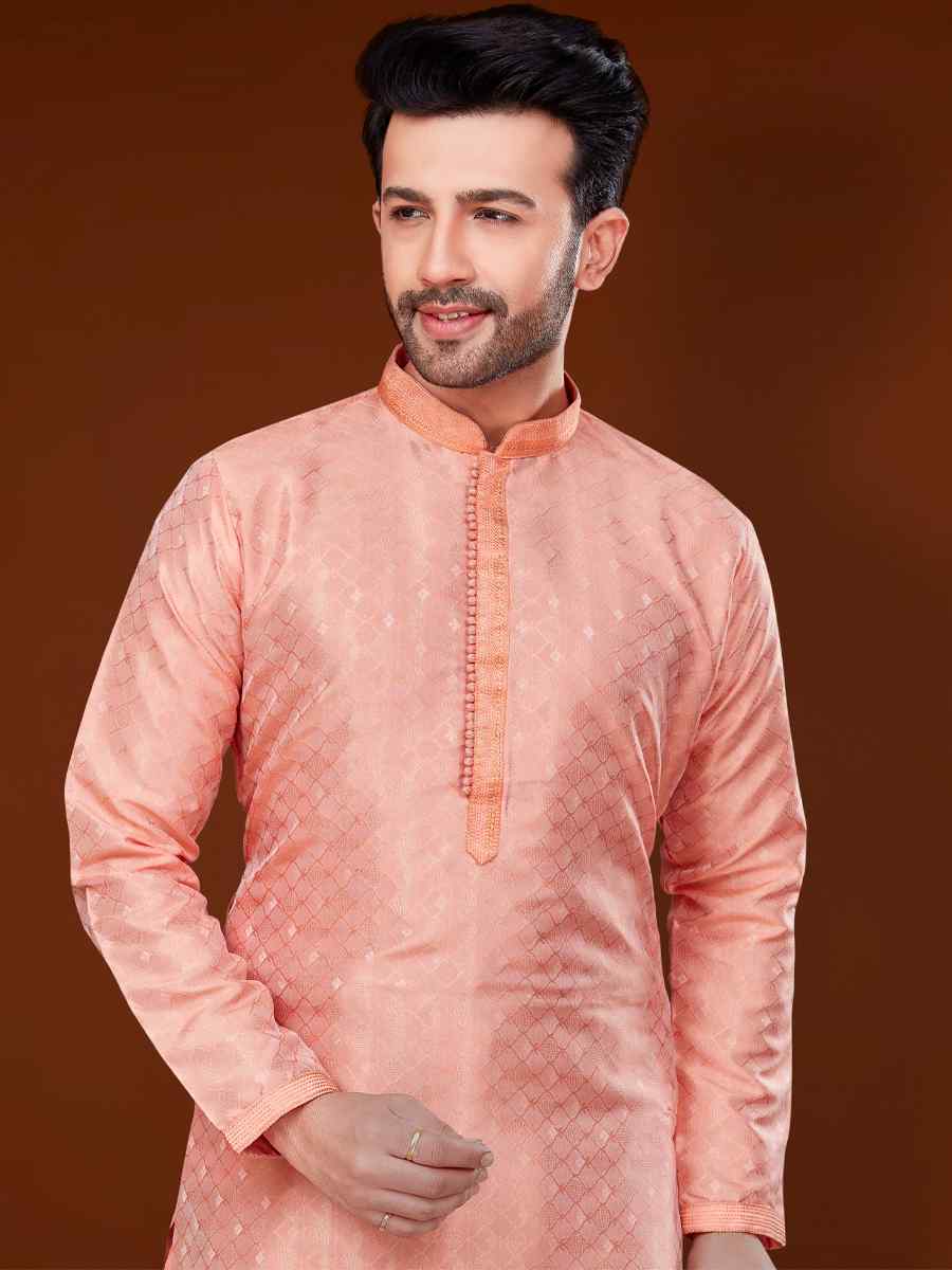 Light Pink Jacquard Woven Wedding Festival Kurta