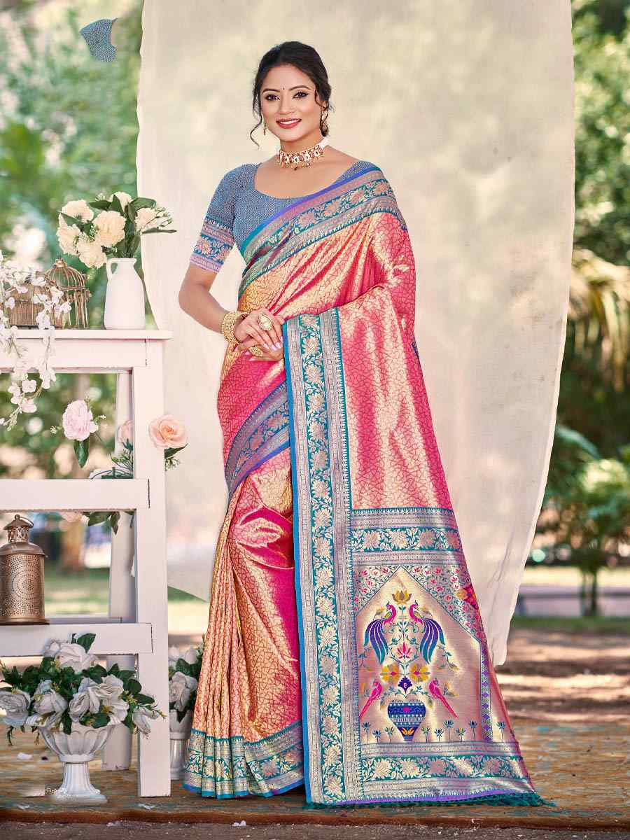 Light Pink Kanjivaram Silk Handwoven Traditional Bridal Reception Festival Wedding Fancy Heavy Border Saree