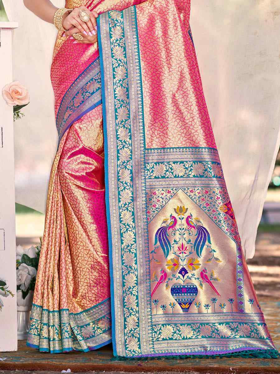 Light Pink Kanjivaram Silk Handwoven Traditional Bridal Reception Festival Wedding Fancy Heavy Border Saree