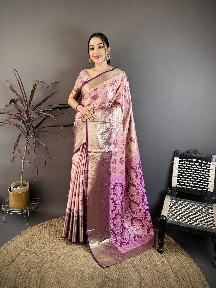 Light Pink Kanjivaram Silk Zari Weaving Wedding Reception Party Festival Casual Heavy Border Sarees