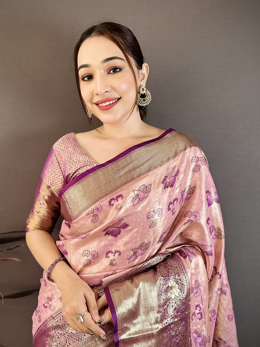 Light Pink Kanjivaram Silk Zari Weaving Wedding Reception Party Festival Casual Heavy Border Sarees