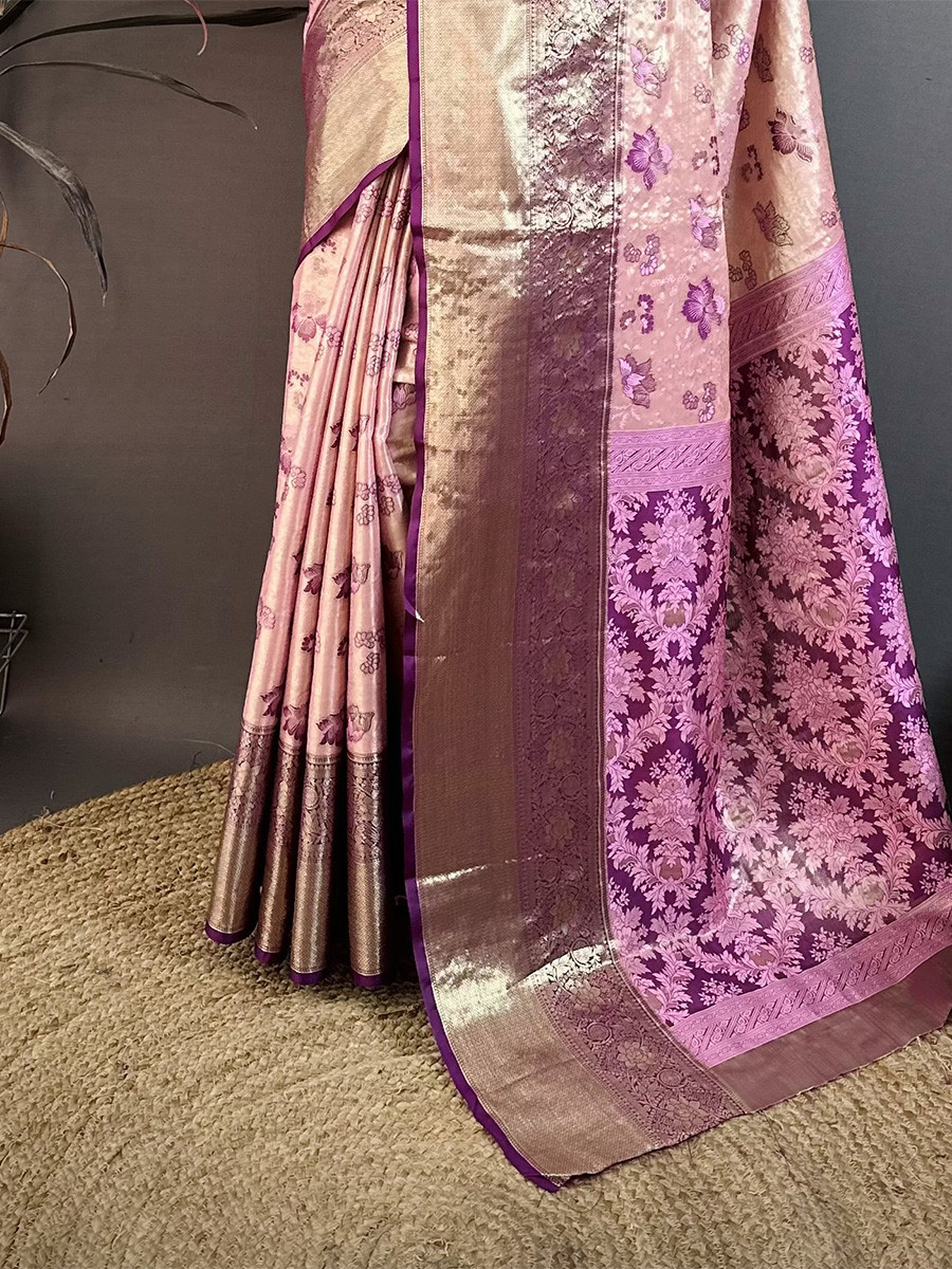Light Pink Kanjivaram Silk Zari Weaving Wedding Reception Party Festival Casual Heavy Border Sarees