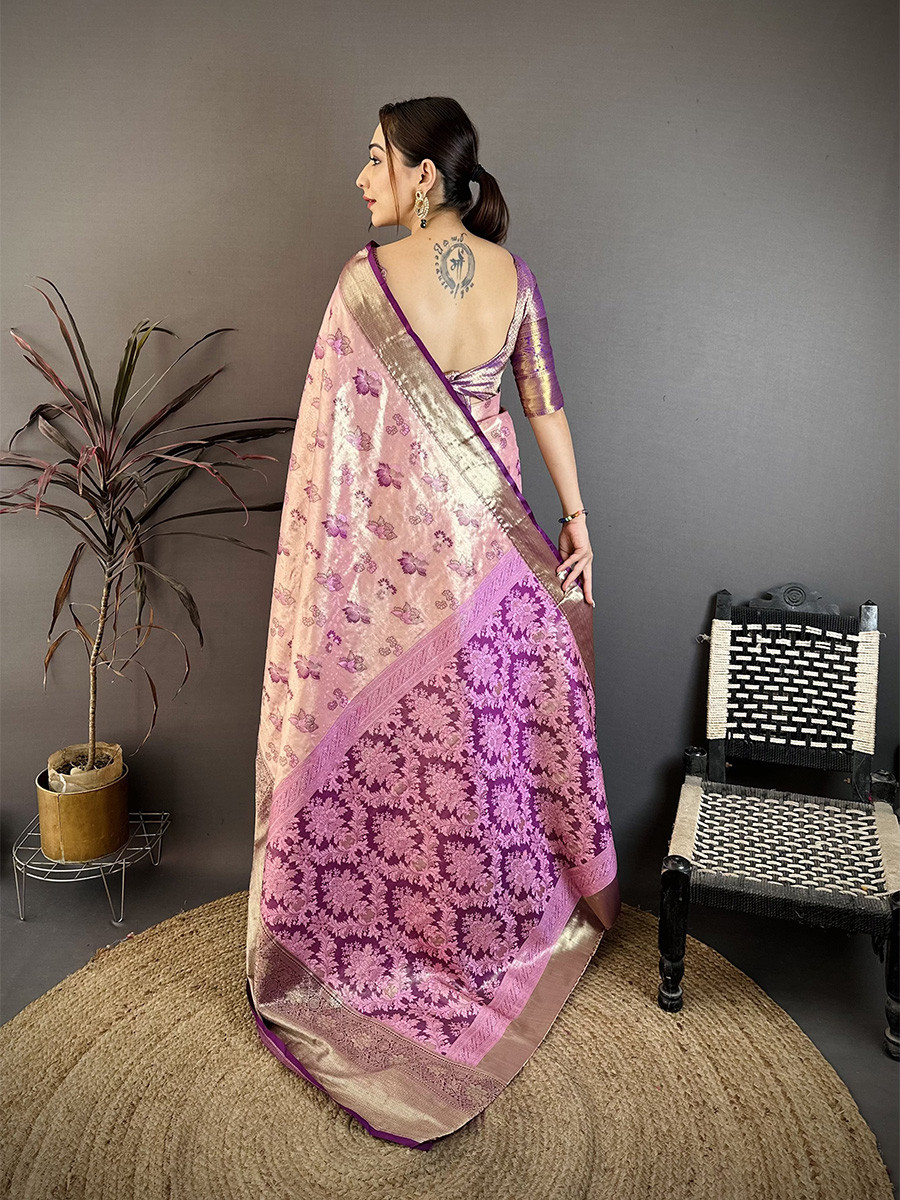 Light Pink Kanjivaram Silk Zari Weaving Wedding Reception Party Festival Casual Heavy Border Sarees