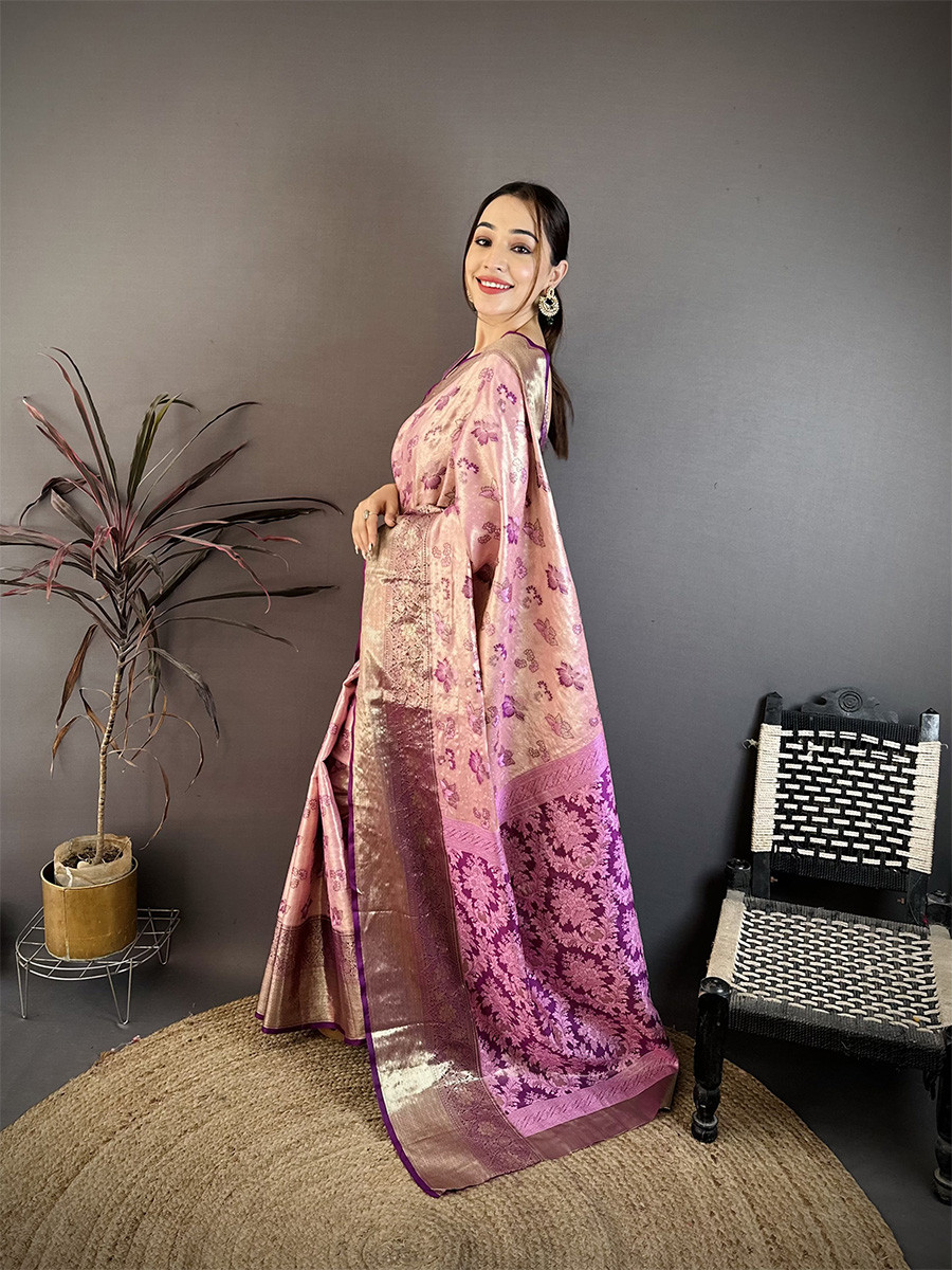 Light Pink Kanjivaram Silk Zari Weaving Wedding Reception Party Festival Casual Heavy Border Sarees