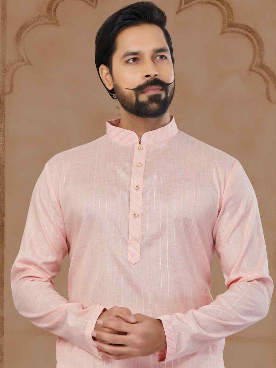 Light Pink Linen Cotton Printed Festival Kurta
