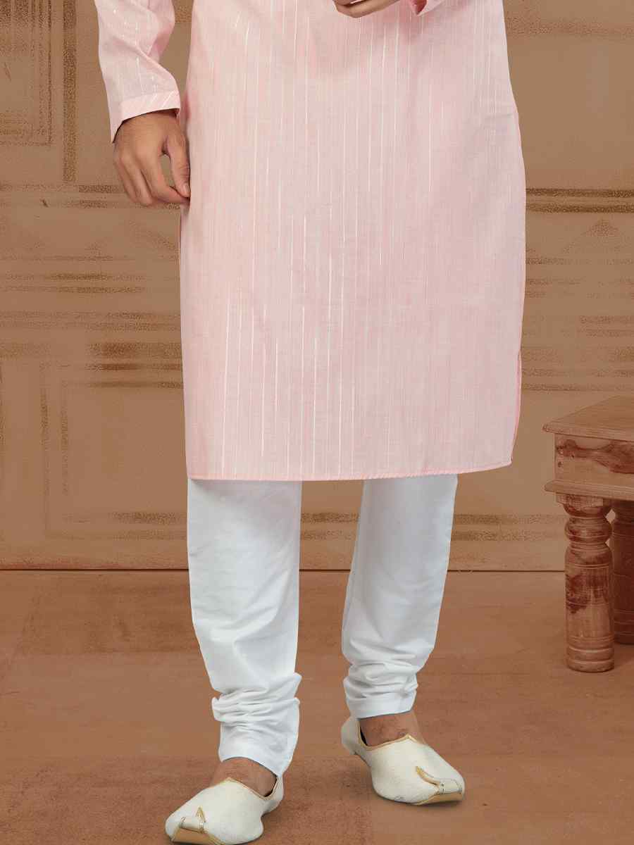 Light Pink Linen Cotton Printed Festival Kurta