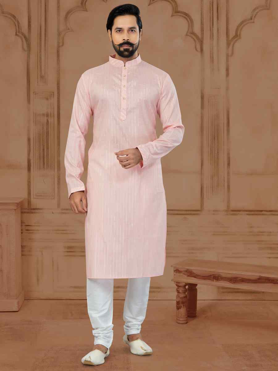 Light Pink Linen Cotton Printed Festival Kurta