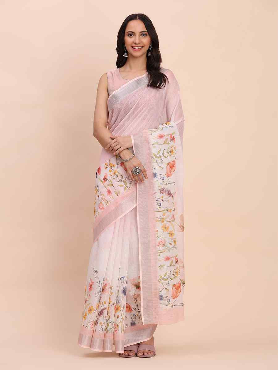 Light Pink Linen Cotton Printed Festival Wedding Fancy Heavy Border Saree