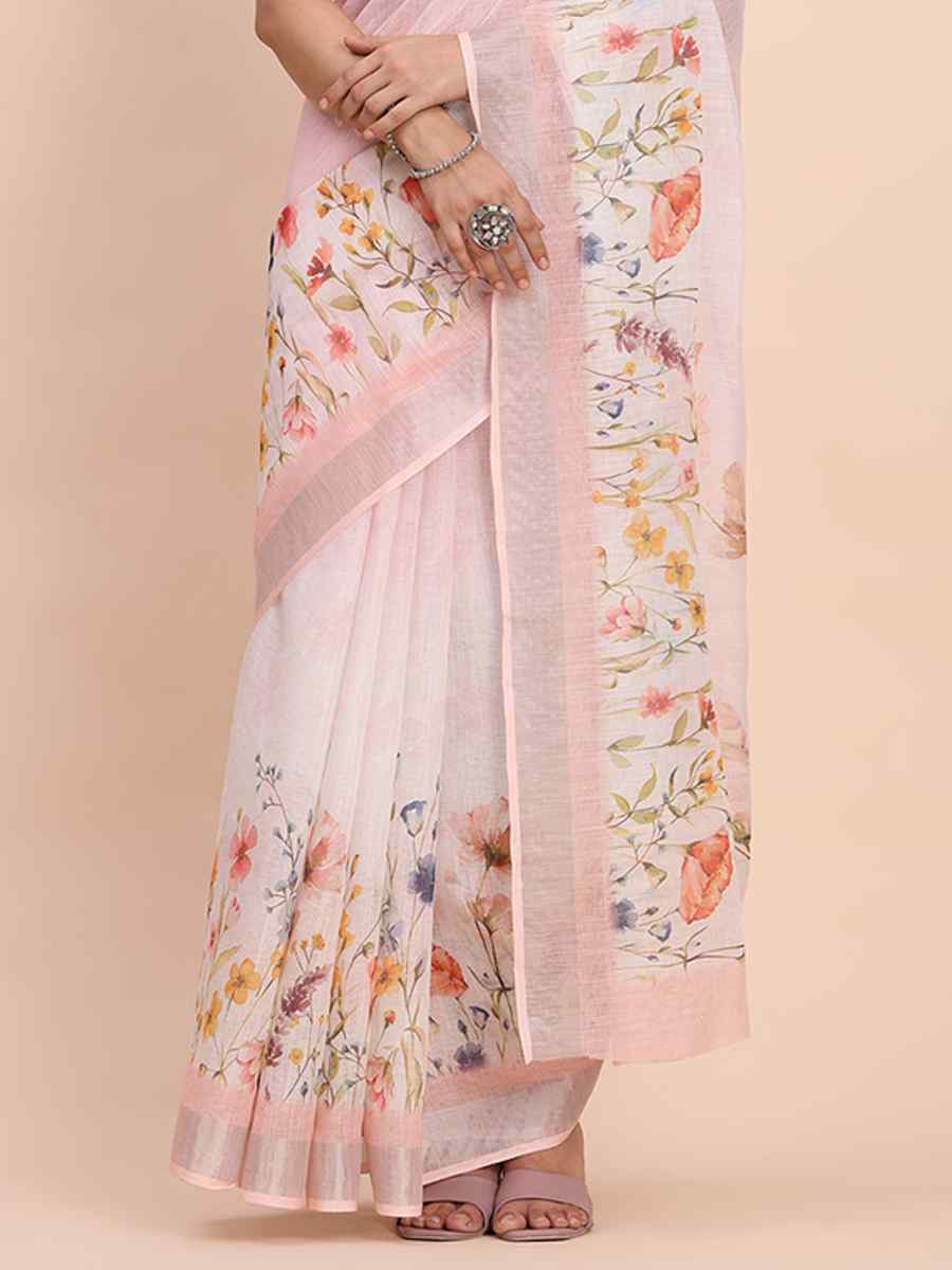 Light Pink Linen Cotton Printed Festival Wedding Fancy Heavy Border Saree