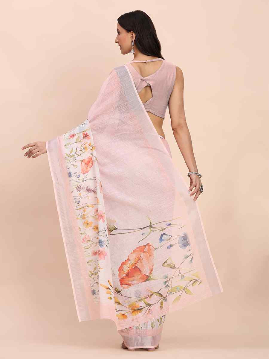 Light Pink Linen Cotton Printed Festival Wedding Fancy Heavy Border Saree