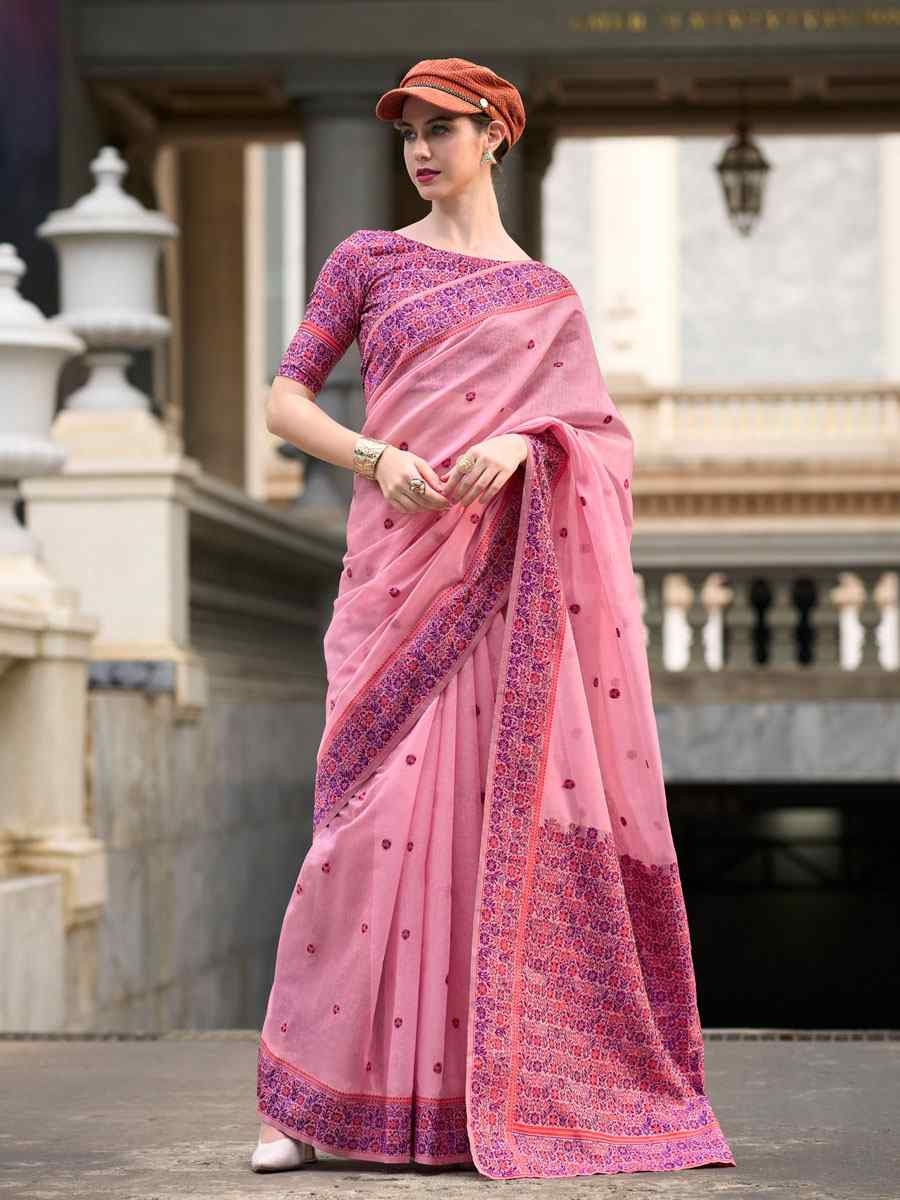 Light Pink Linen Cotton Silk Handwoven Festival Wedding Fancy Heavy Border Saree