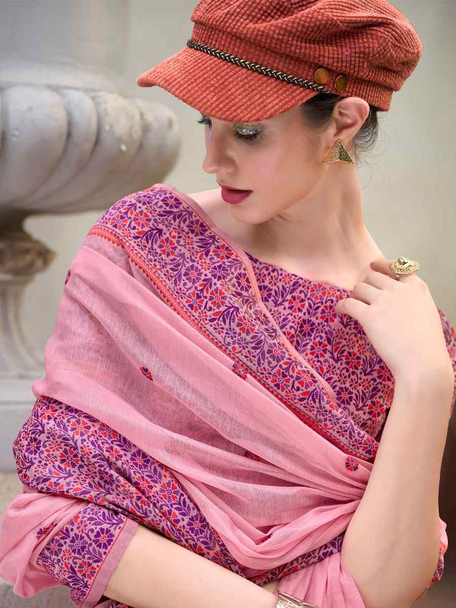 Light Pink Linen Cotton Silk Handwoven Festival Wedding Fancy Heavy Border Saree