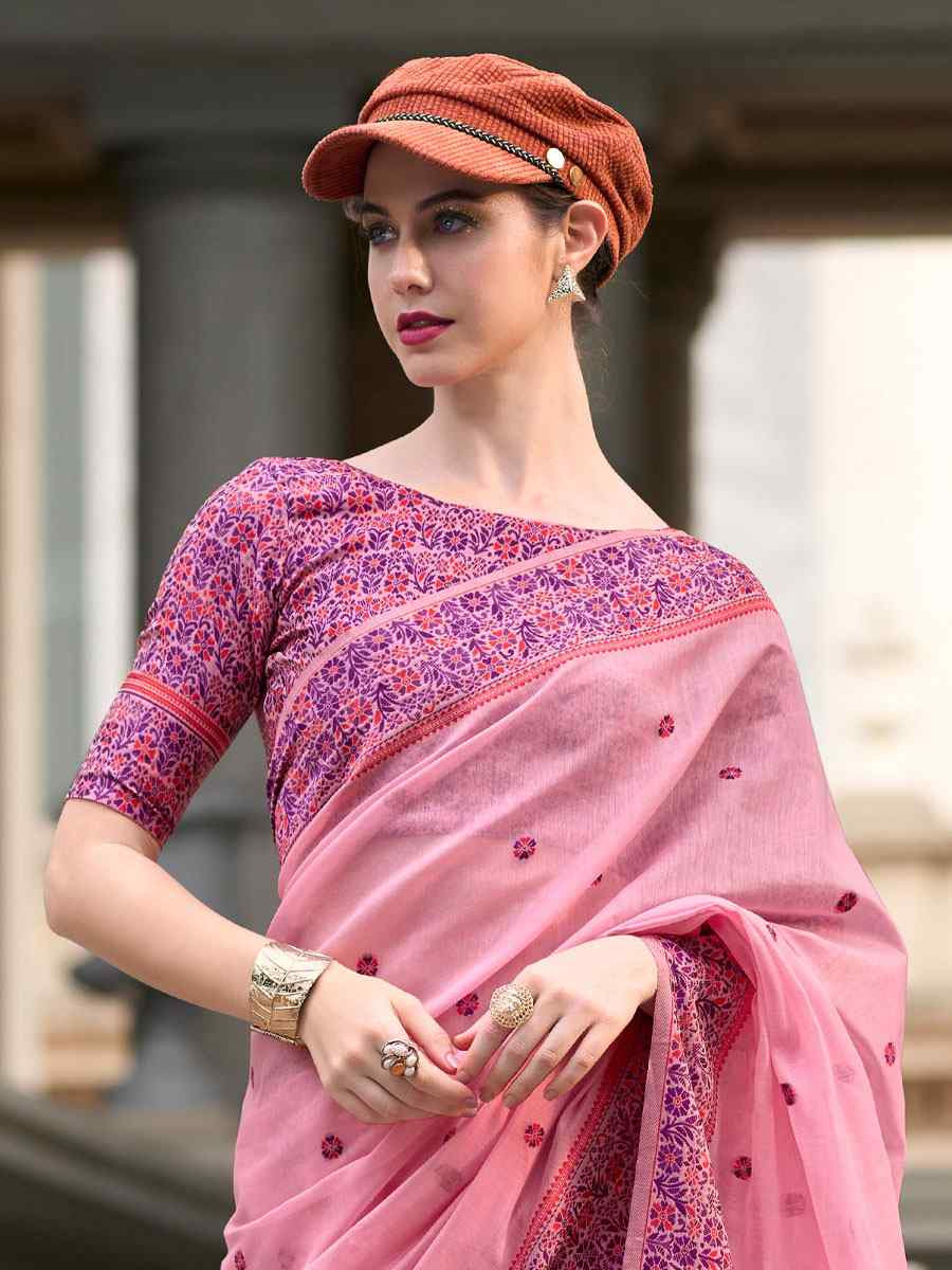 Light Pink Linen Cotton Silk Handwoven Festival Wedding Fancy Heavy Border Saree