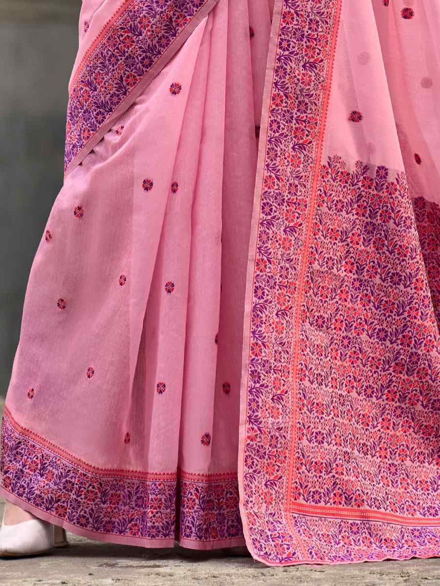 Light Pink Linen Cotton Silk Handwoven Festival Wedding Fancy Heavy Border Saree