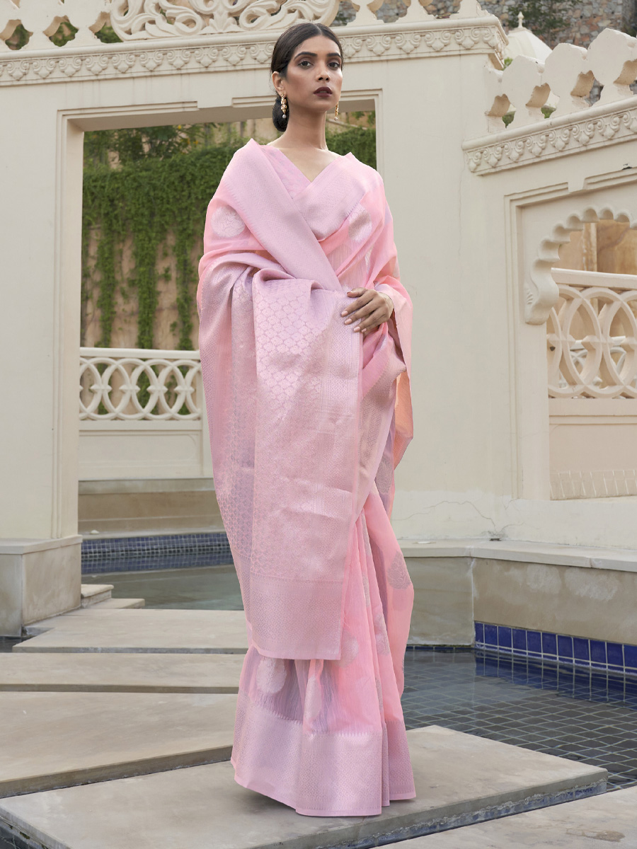 Light Pink Linen Handwoven Wedding Festival Heavy Border Saree