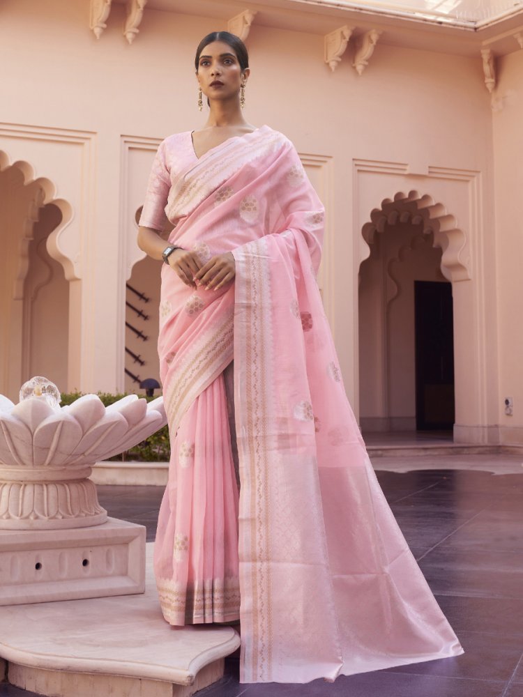 Light Pink Linen Handwoven Wedding Festival Heavy Border Saree